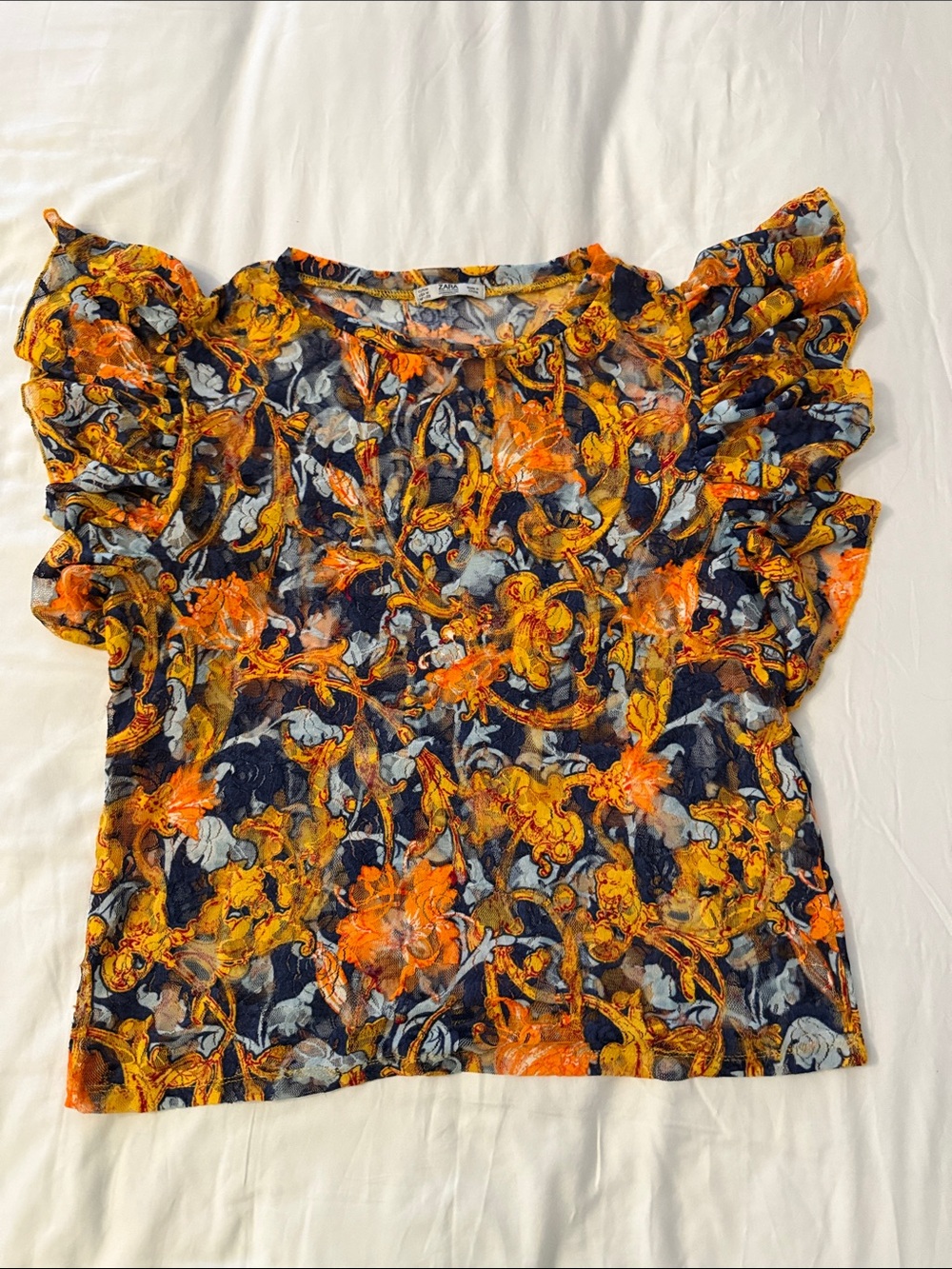 Zara Navy Floral Ruffle-Sleeve Top with Orange and Yellow Print
